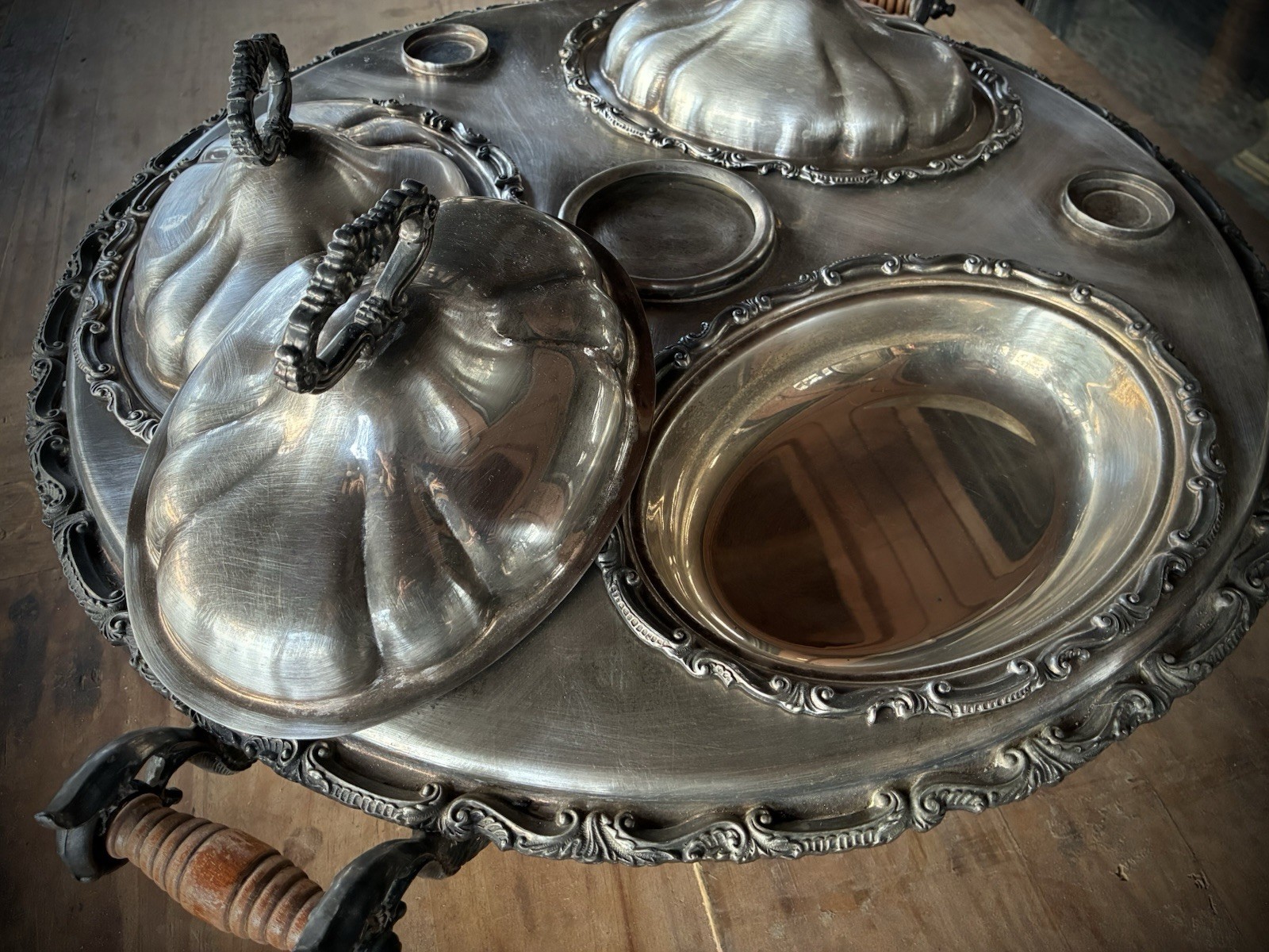 Large Birmingham Silver Plate Lazy Susan Hot Food Server - 23"