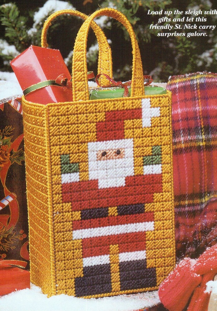 MOSAIC SANTA BAG TOTE CHRISTMAS PLASTIC CANVAS PATTERN INSTRUCTIONS