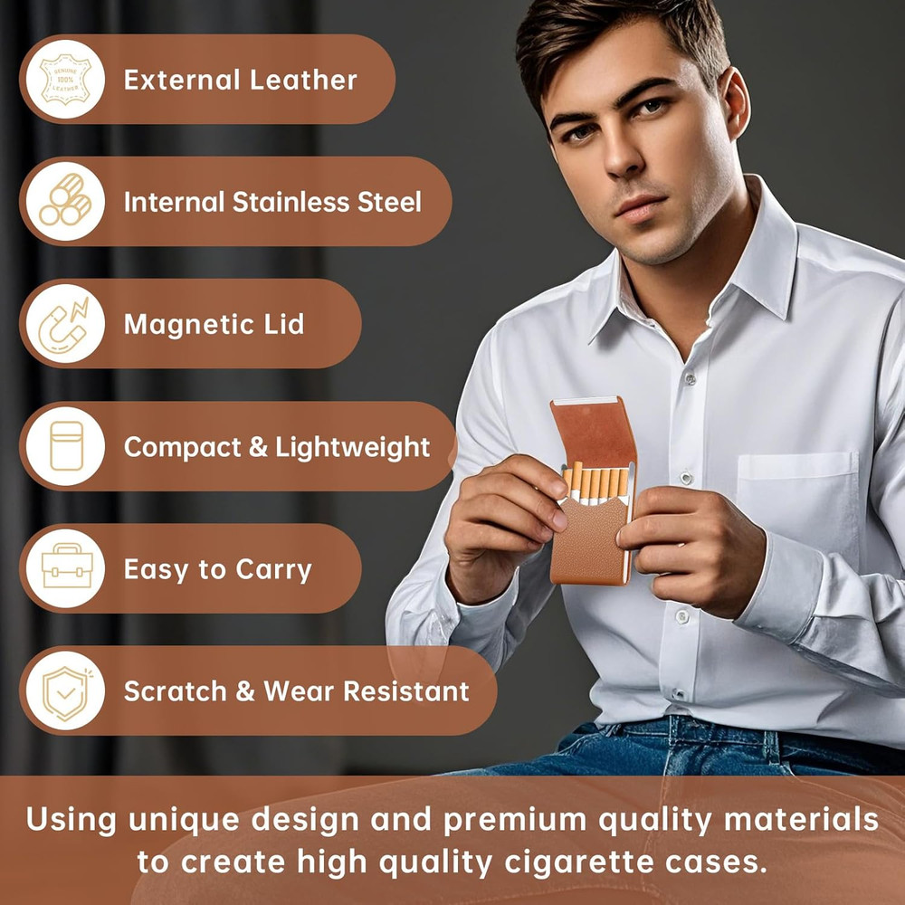Leather Stainless Steel Cigarette Case Box - Regular Size Cigarette Pocket Holde