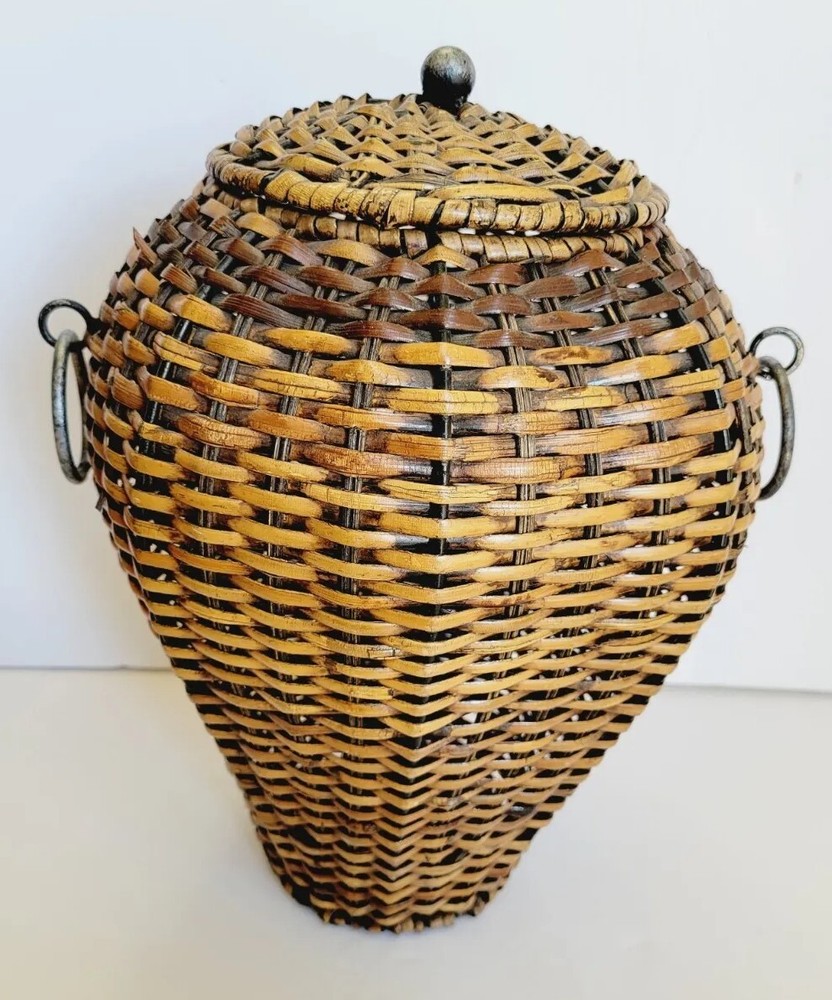 Thai Handcrafted Bamboo Two tone Basket with Lid