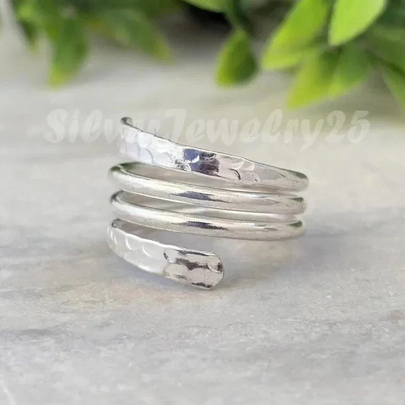 Hammered 925 Sterling Silver Wrap Ring Adjustable Boho Spiral Band Handmade