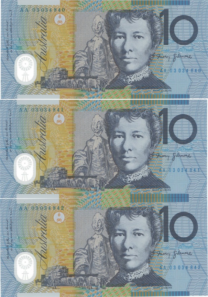 2003 Australia $ 10 Consecutive Pair Banknote - AA03 Prefix R320bF - UNC # 35214