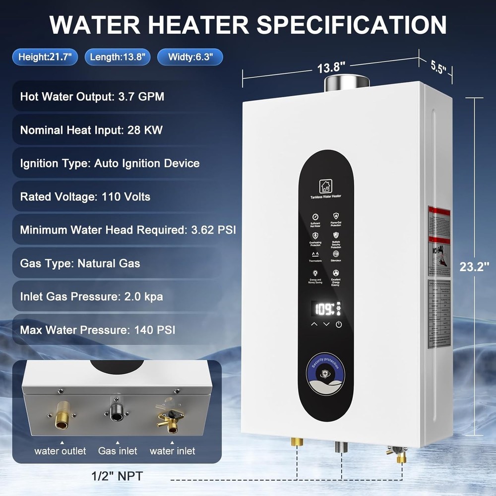 14/16/18L Instant Hot Water Heater Tankless Water Heater Gas wi/ Digital Display
