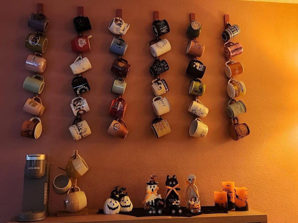 Wall-Mounted Coffee Mug Rack 6-Hook Solid Wood Cup Holder Kitchen Cabinet