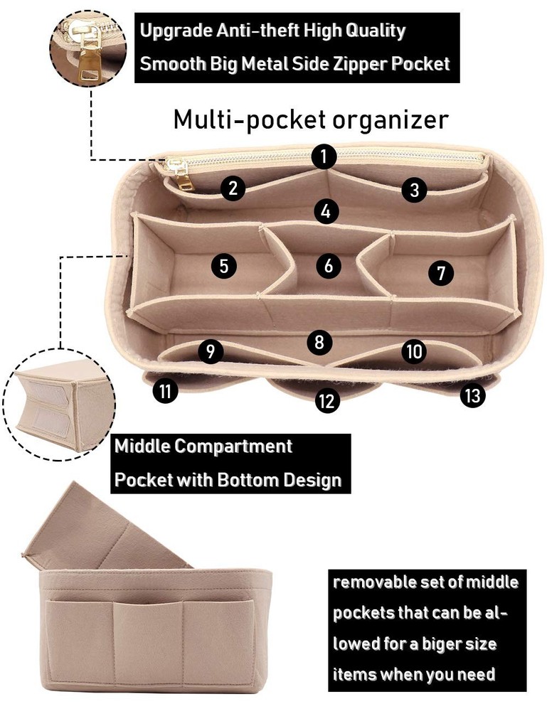 LEXSION Felt Handbag Organizer,Insert purse organizer Structure Medium, Beige
