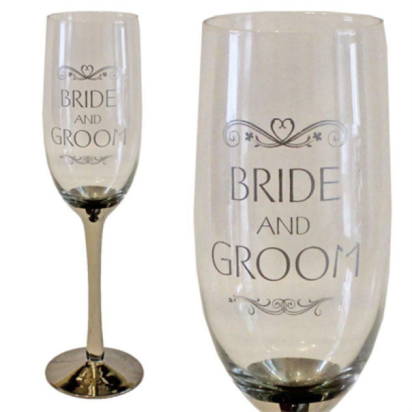Wedding Gift - Champagne Flute - Silver Stem & Wording - Bride & Groom