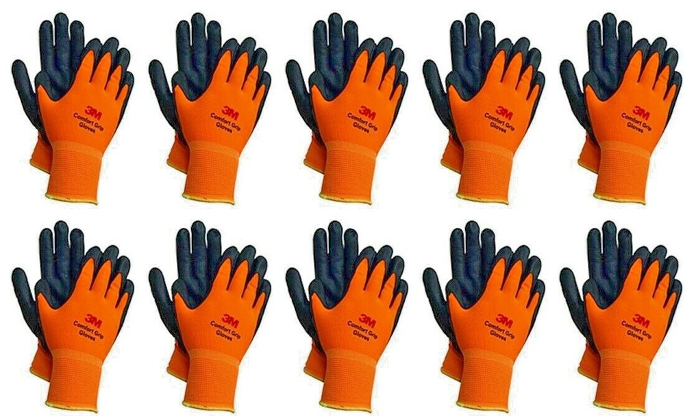 3M Nitrile Rubber Coated Nylon Work Gloves, Thin, Washable Bulk 10 Pack Orange