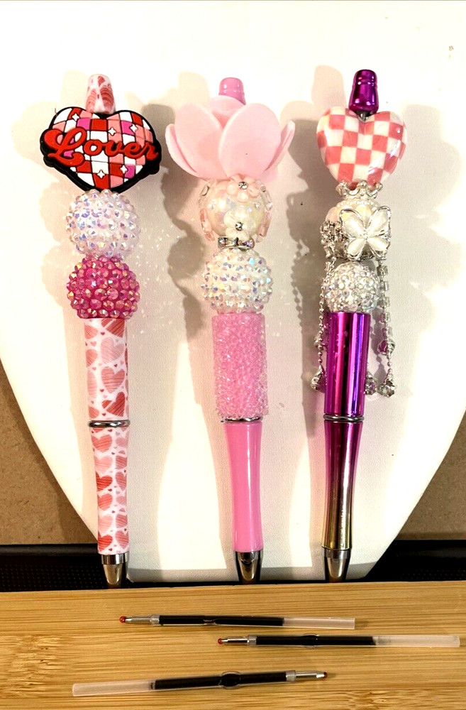 3 miscellaneous  beaded pens with 1   ink refill each