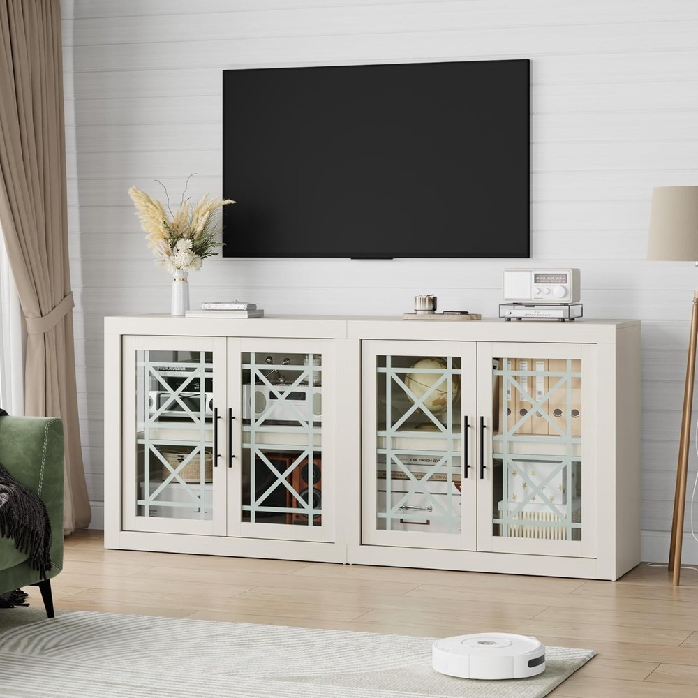 70.9" Buffet Sideboard with Storage with 4 Screen-Printed Glass Doors White