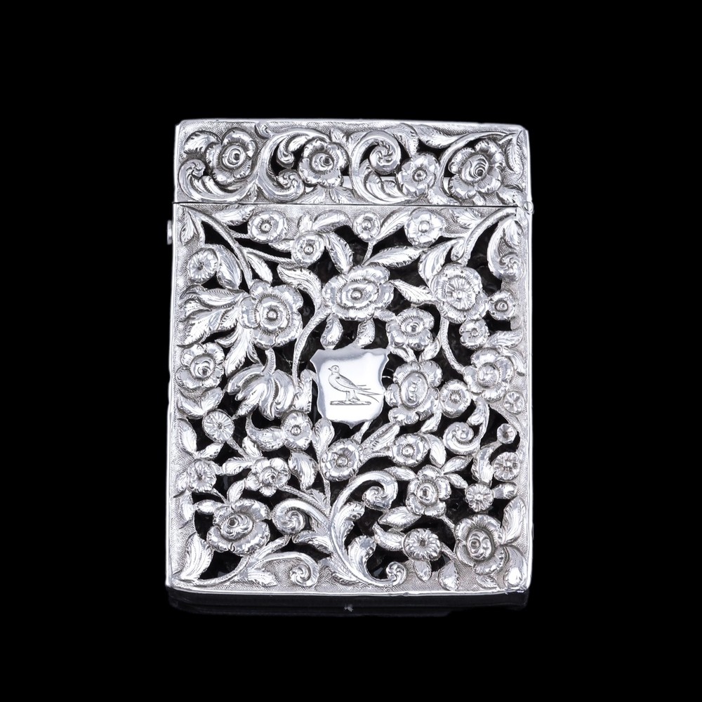 Antique Victorian Solid Silver Card Case Pierced Flowers - Francis Clark 1839