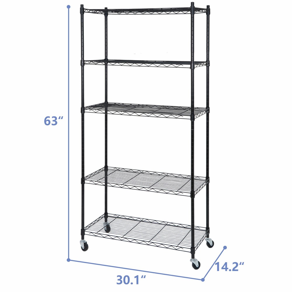 5-Tier Storage Wire Unit Rack with 4 Wheels Casters Large Space Shelves Rolling