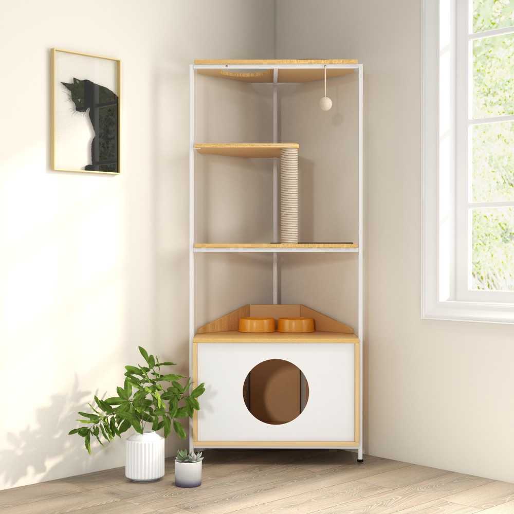 Corner Cat Tower, Cat Tree with Scratching Post, Cat Condo with Feeding Station