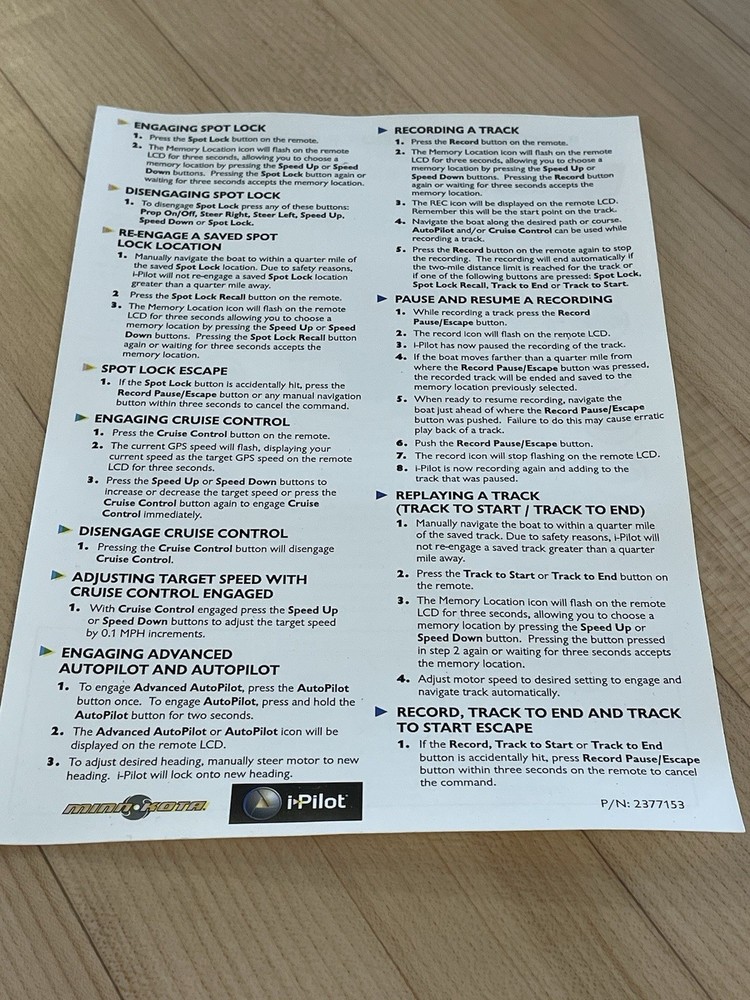 Minn Kota I-Pilot Remote Control Quick Reference Guide Water Resistant Sheet (B3