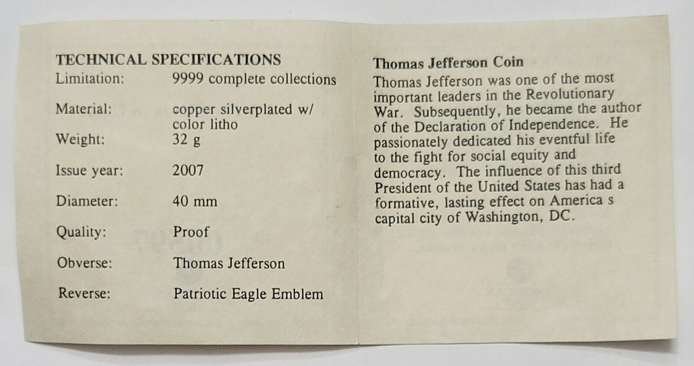Thomas Jefferson American Mint Colorized Commemorative Proof Coin