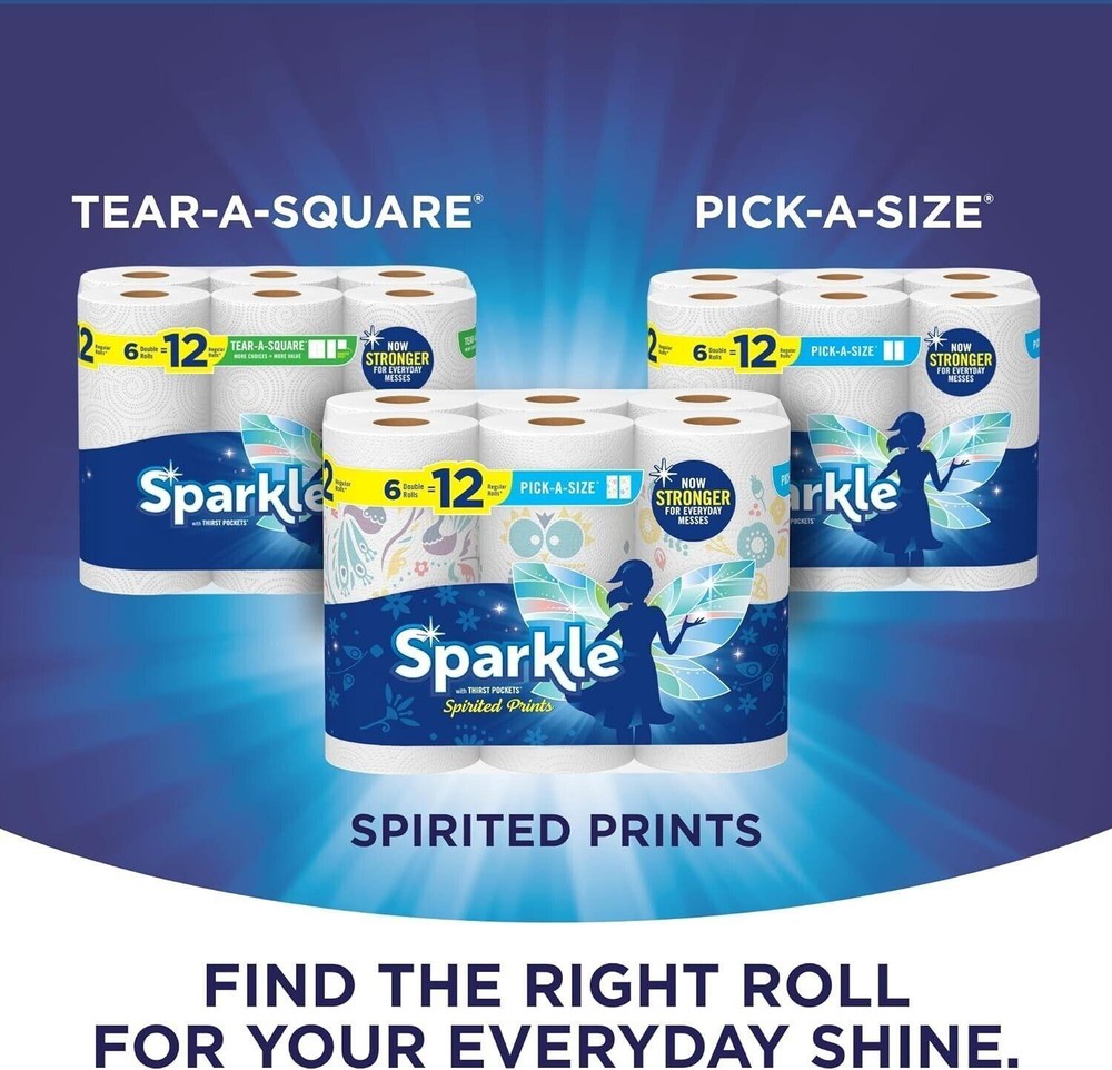 Sparkle Pick-a-size Paper Towels Spirited Prints 6 Double Rolls = 12 Regular