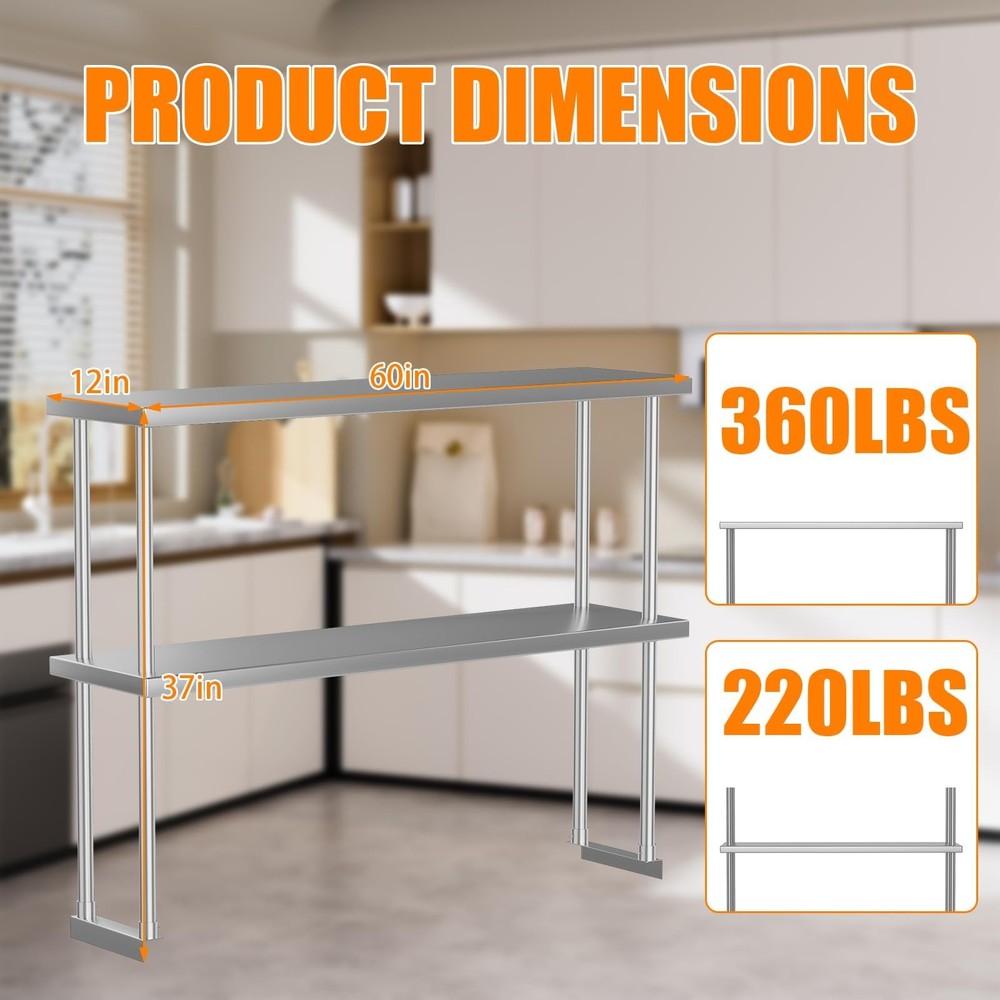 Stainless Steel Overshelf, 60"x12" 2-Tier Adjustable Shelf for Prep & Work Table
