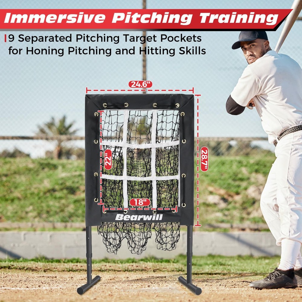 Bearwill 9-Hole Pitching Net w/ Strike Zone – Adjustable Baseball Softball Train
