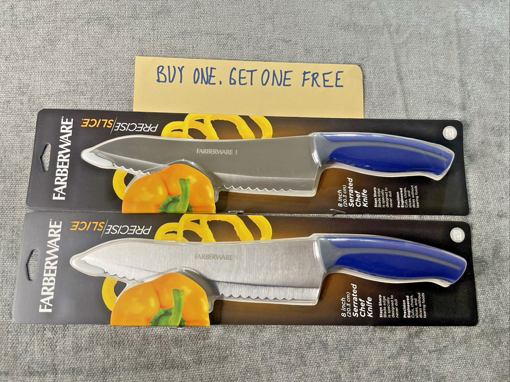 Farberware Precise Slice 8” Serrated Chef Knife w/Blue & Gray Handle BOGO