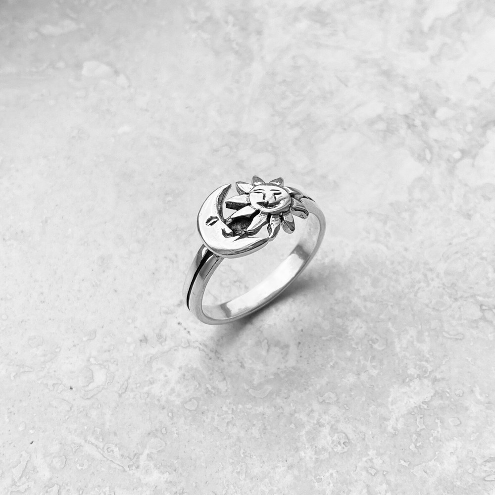 Sterling Silver Face Moon and Sun Ring, Silver Ring, Boho Ring, Moon Ring