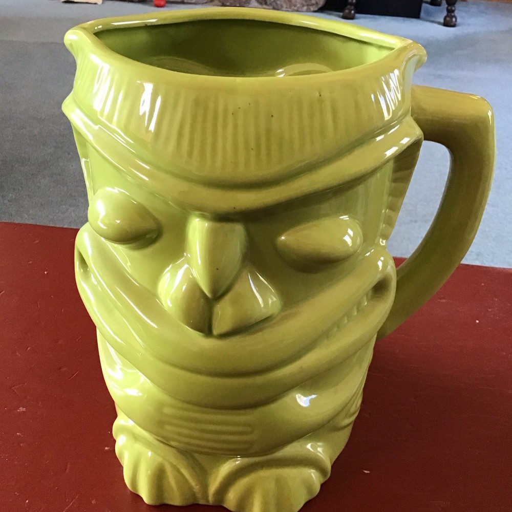 Designpac Ceramic Lime Green Jumbo Exotic Tiki Pitcher 8.5”X 7” EUC