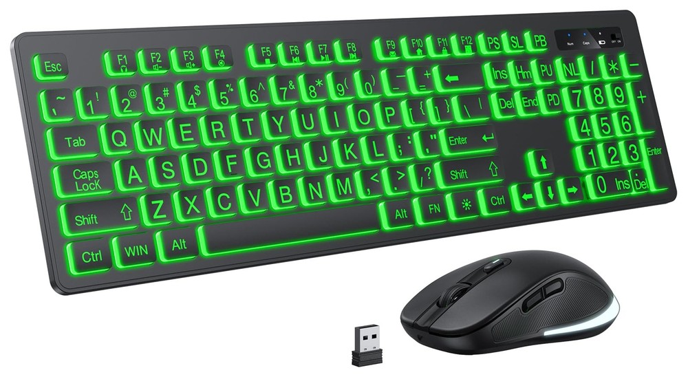 Large Print Wireless Keyboard Mouse 7 Colors Backlit Oversize Letters