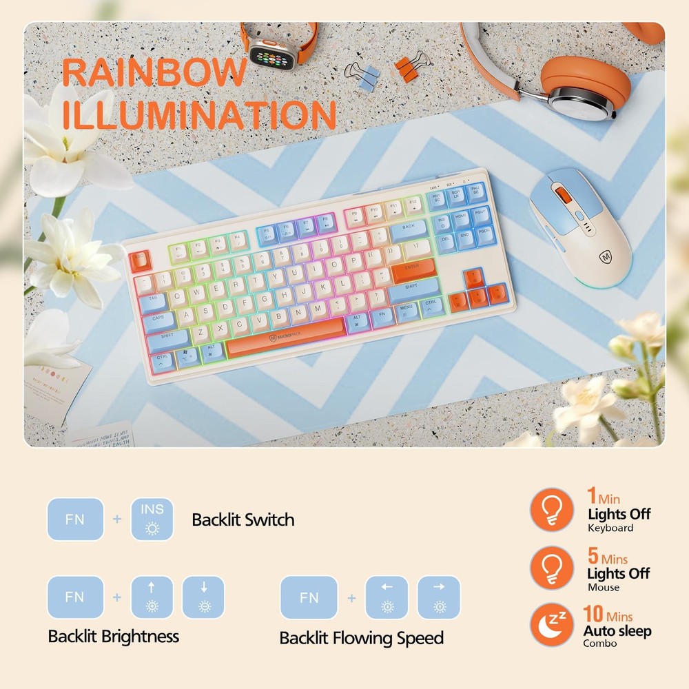 Wireless Keyboard Mouse Combo 2.4G RGB Backlit USB Type C Dongle Set Ivory