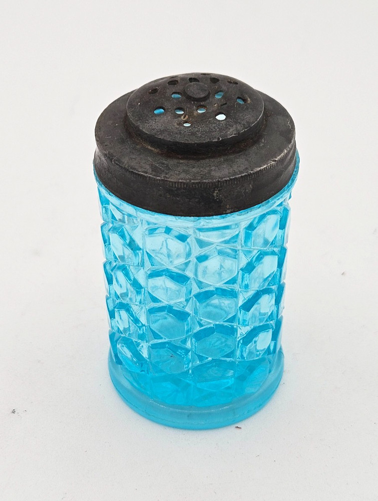 EAPG Blue Glass Salt Shaker Waffle Pattern