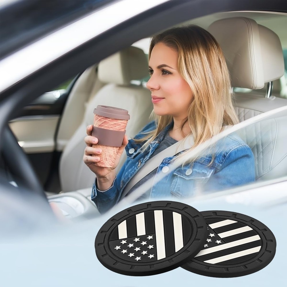 Osilly Car Cup Holder Coasters, 4 Pack American Flag Insert Black