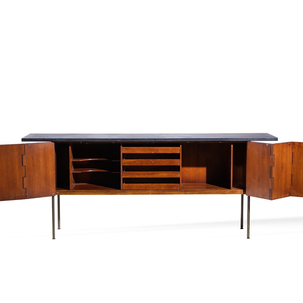 Milo Baughman for Directional Walnut, Slate and Brass Console Credenza