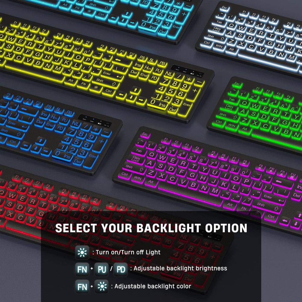 Large Print Wireless Keyboard Mouse 7 Colors Backlit Oversize Letters