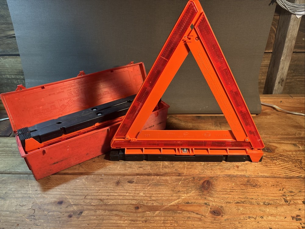 Vintage Hella Emergency Warning Triangles Set with Red Case Germany