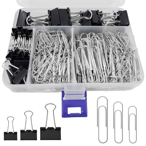 Binder and Paper Clips Set, 340 pcs Assorted Sizes in Container Black&silver