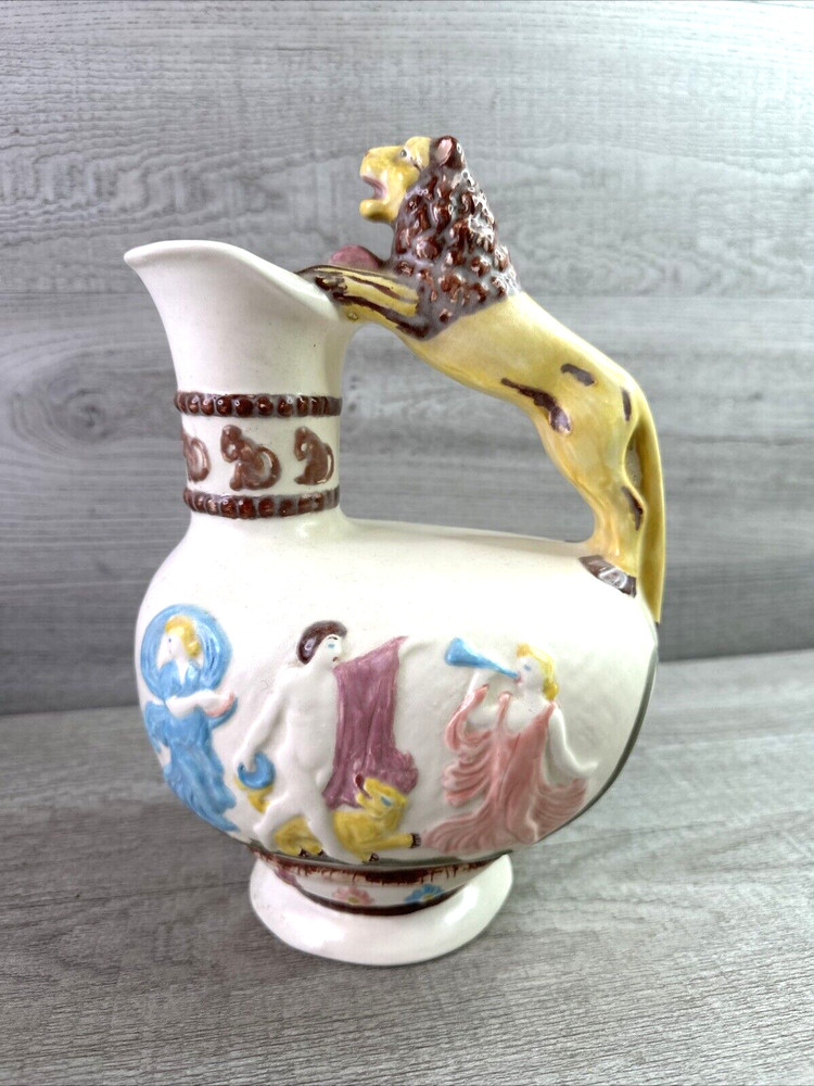 1975 Ceramic Hand painted Glazed Pitcher Lion Handle Signed Home Decor