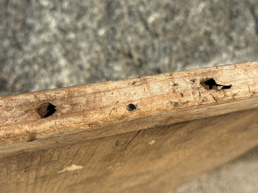 19thC. Primitive Wood Chest Lid & Reinforced Ends Breadboard Style, Square Nails