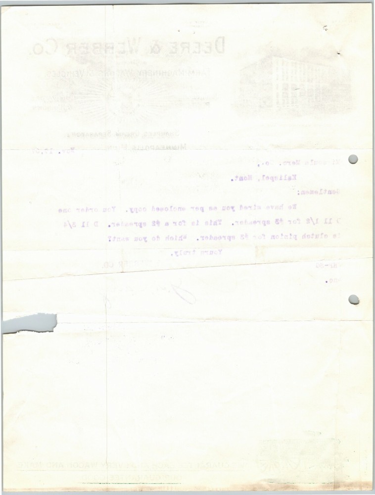 Scarce 1907 John Deere / Deere & Webber Letterhead - Question About Placed Order