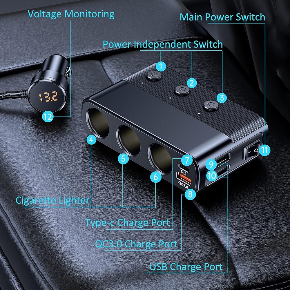 7 in 1 Cigarette Lighter Splitter 3 Socket Car Charger Adapter 12V/24V PD 2 USB