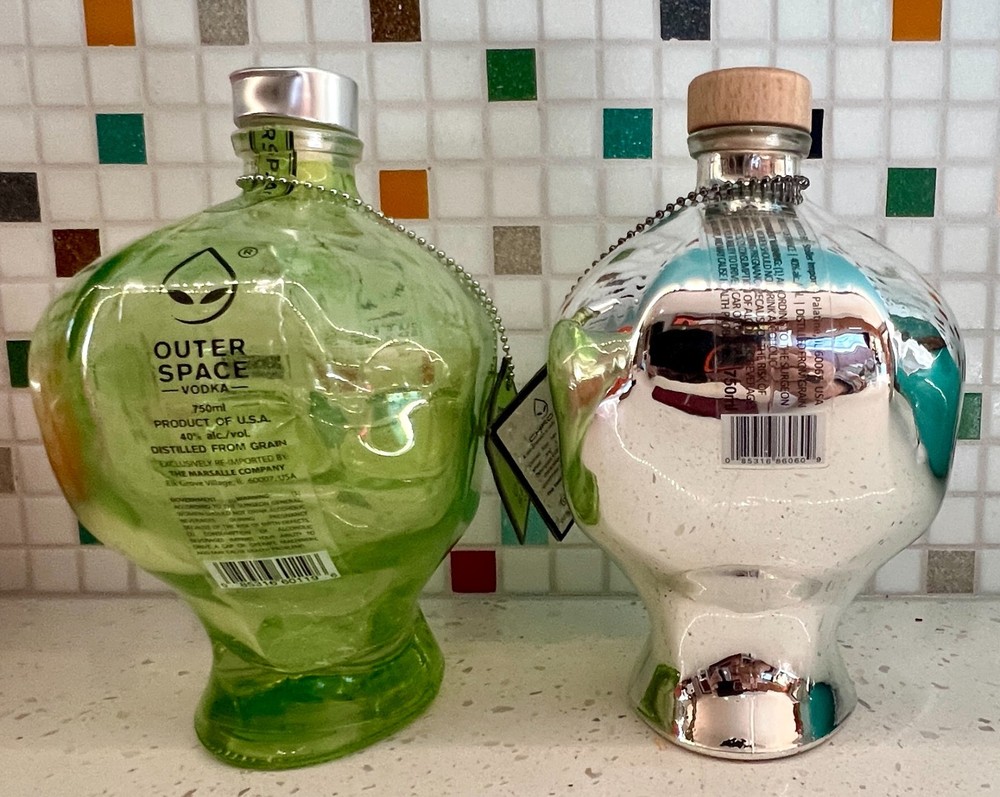 SET: GREEN & CHROME OUTER SPACE VODKA – ALIEN HEAD DECANTER BOTTLES