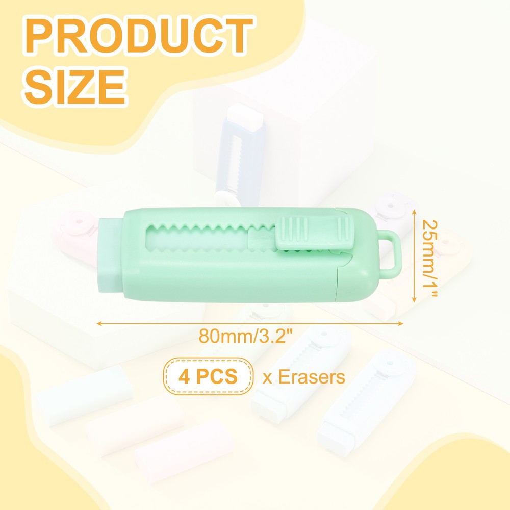 4Pack Erasers, Sliding Retractable Eraser Push Pull Pencil Erasers, Light Green