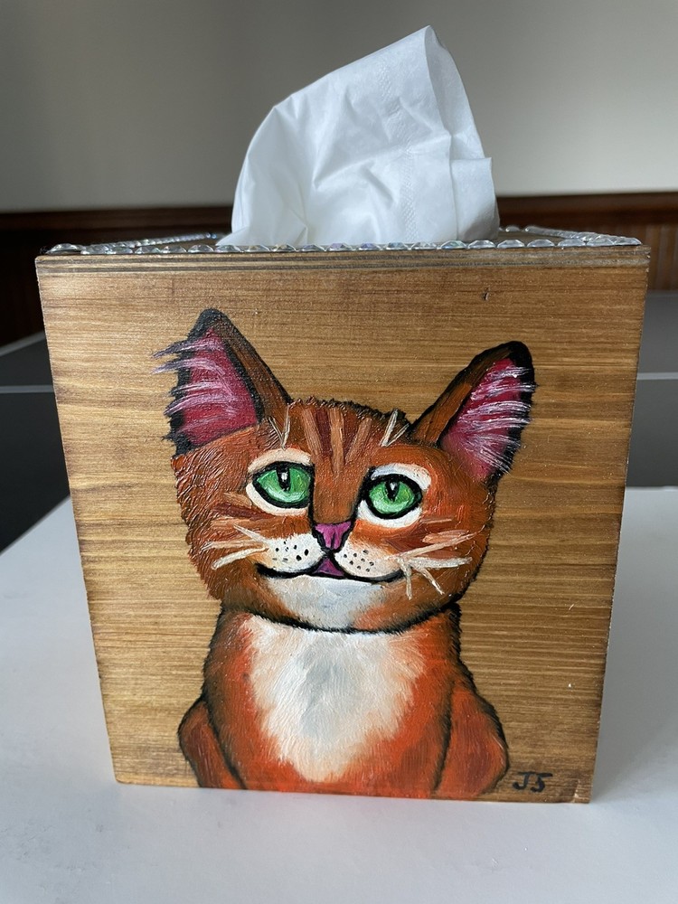 Hand Painted Tissue Box Holder Solid Wood cute orange tabby cat Decor