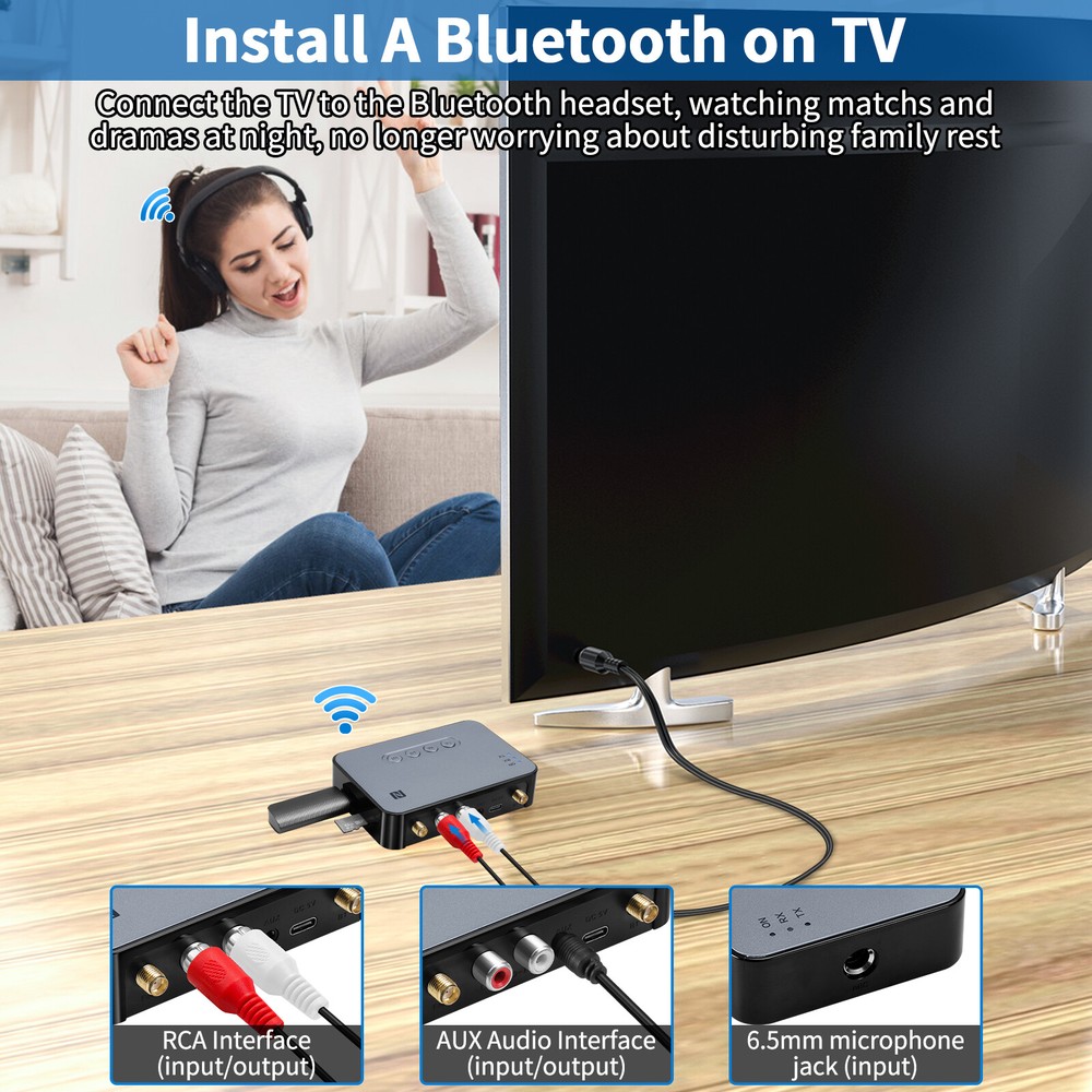 98ft Long Range 5.1 Bluetooth Audio Transmitter Receiver NFC Cordless Adapter