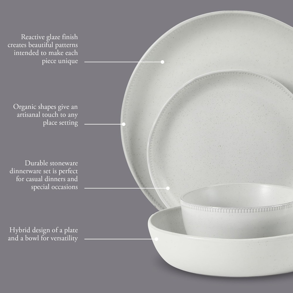 Menlo Park 16-Piece Pottery Clay Stoneware Dinnerware Set – White Reactive Gl...