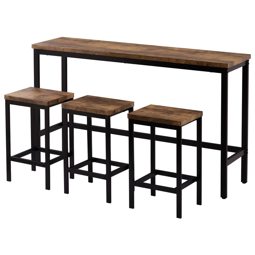 Dining Table Set with 3 Stools Pub Kitchen Set Side Table with Footrest Brown