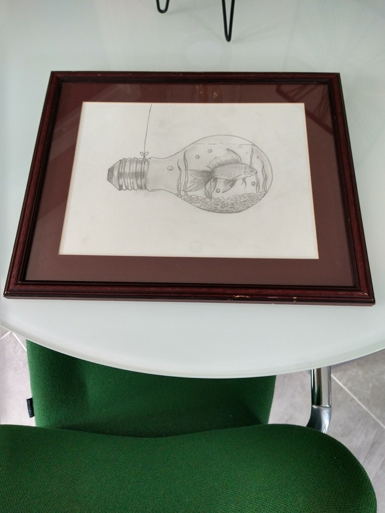 Framed Pencil Sketch Goldfish In A Lightbulb