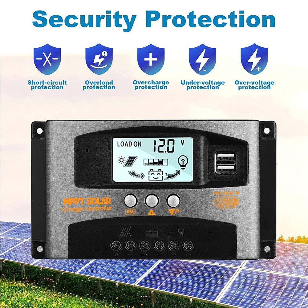 30/60A MPPT Solar Panel Charge Controller 12V/24V LCD Regulator Auto Dual USB