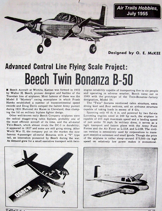 Two Sizes BEECH BONANZA V-TAIL PLANS & CONSTRUCTION ARTICLE for UC Model Planes