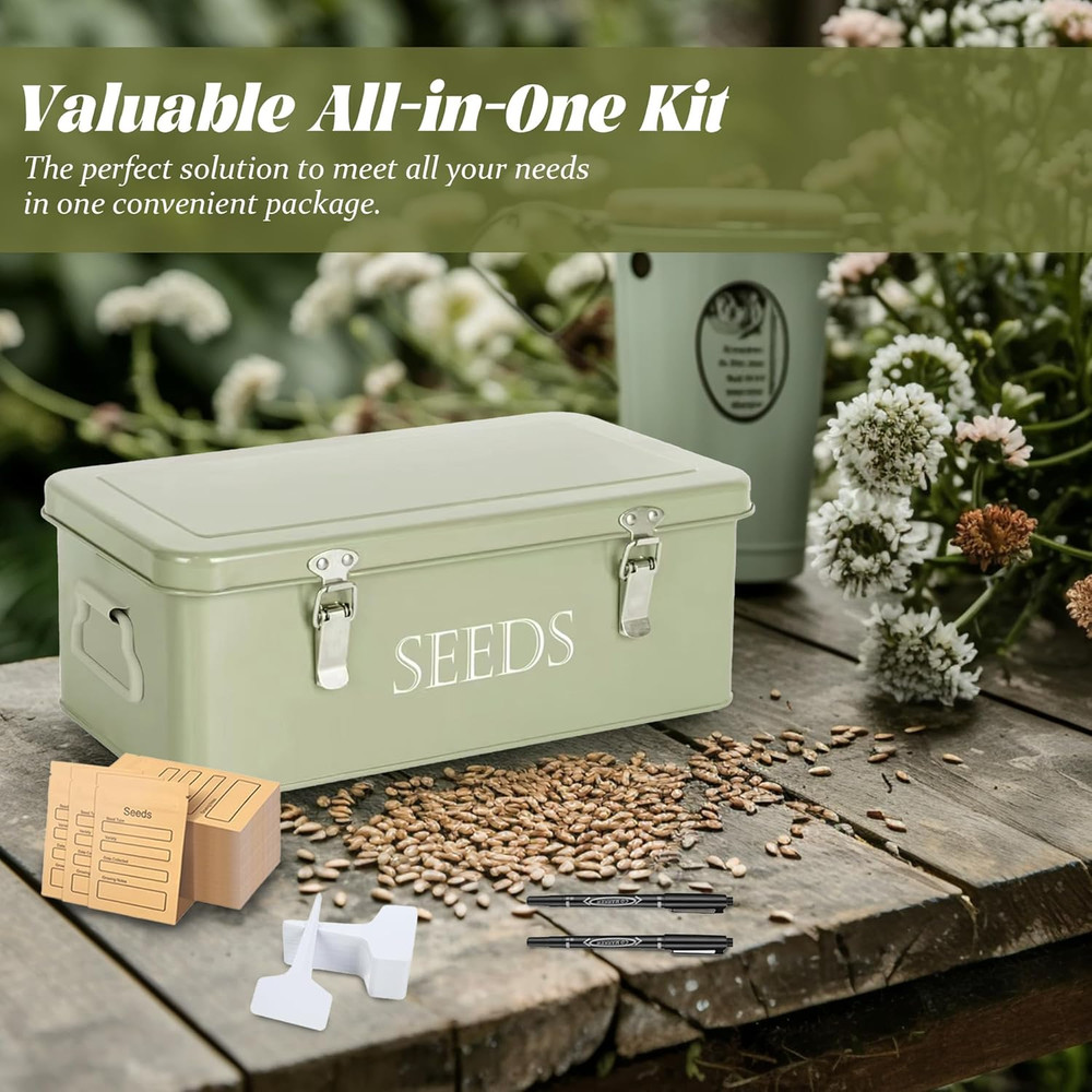 Professional Seed Storage Box with Labels, Pens, and Envelopes, Green
