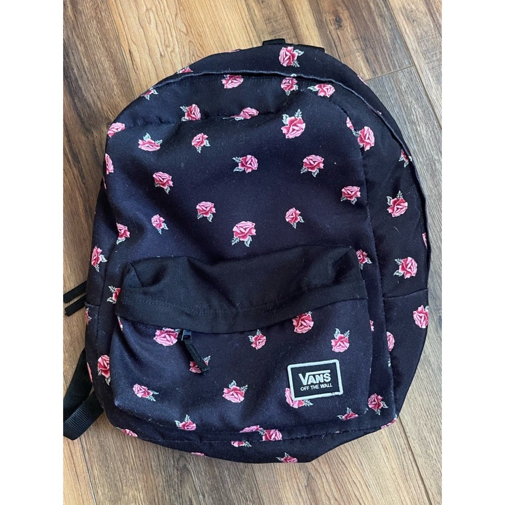 Vans Black Backpack with Pink Rose Pattern