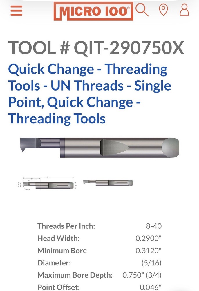 Micro 100 QIT-290750X, Quick Change Threading Tools, UN Threads-Single Point