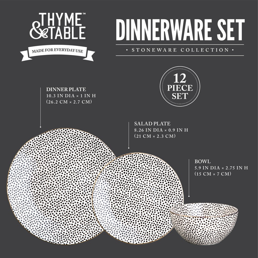 12 Piece Dinnerware Set Black White Dot Table Stoneware 12 Piece Plates Bowls