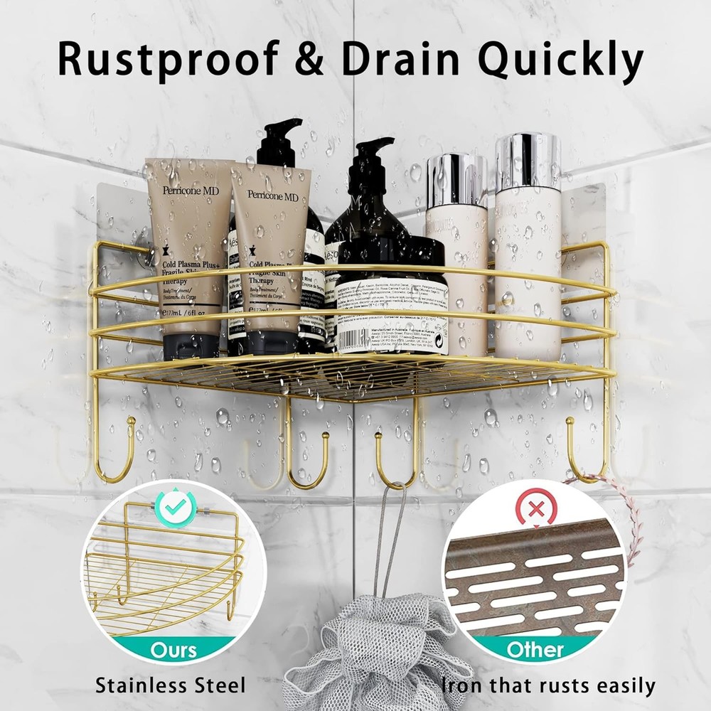 Corner Shower Rack with 4 Hooks, Double-Layer Stainless Steel